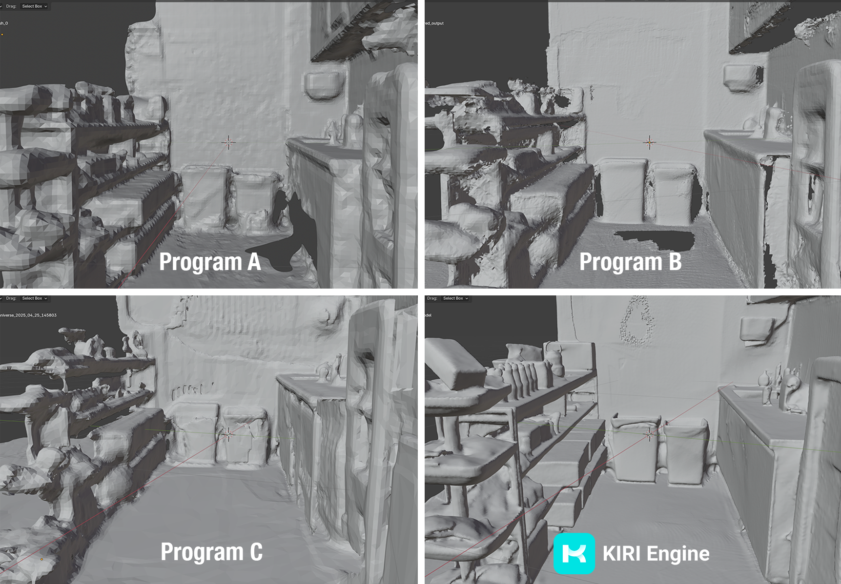 Same environment captured and reconstructed by four different LiDAR-based programs Same environment captured and reconstructed by four different LiDAR-based programs